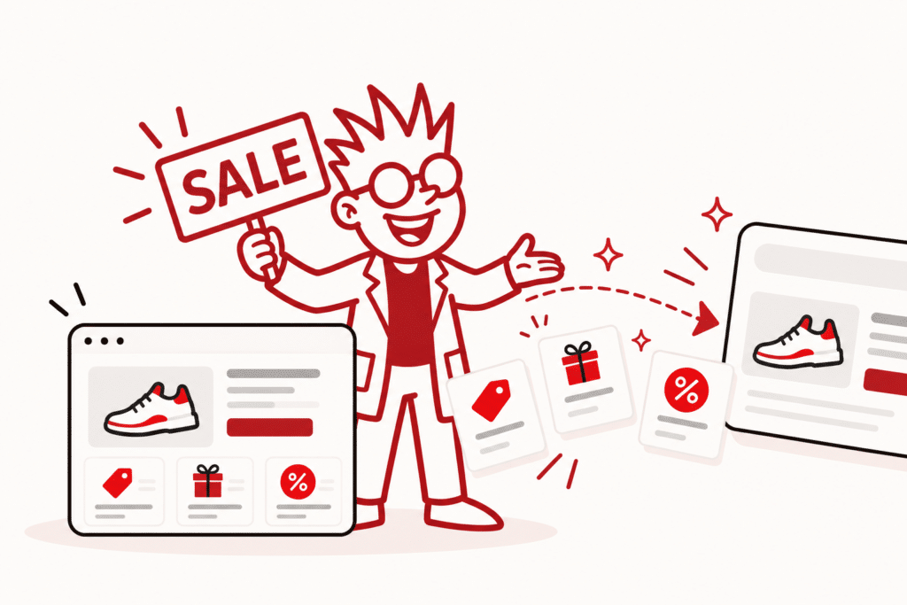 דמות מצוירת מחזיקה שלט עם הכיתוב “SALE” ומצביעה לעבר ממשק אתר אינטרנט המציג נעליים, סמלי מתנות וסמלי הנחה.